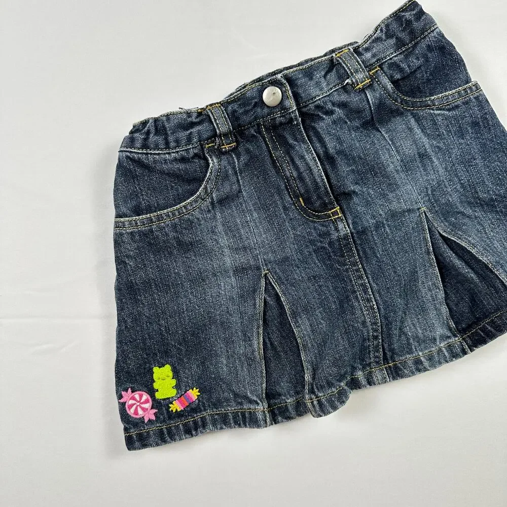 Y2K 2009 Gymboree Gummy Bear/Sweets/Candy Embroidered Denim Pleated Skort Sz 5